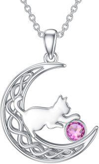 wholesale Sterling Silver Birthstone Cat in Moon Pendant Necklace for Women-October