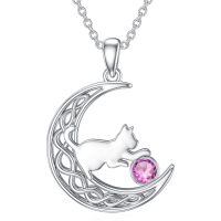 wholesale 925 Sterling Silver Cat And Moon Necklace Wholesale With Ruby Charm-October
