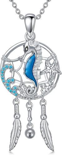 wholesale 925 Sterling Silver Sea Life Dreamcatcher Necklace - Blue Enamel & Crystal Accents-Seahorse