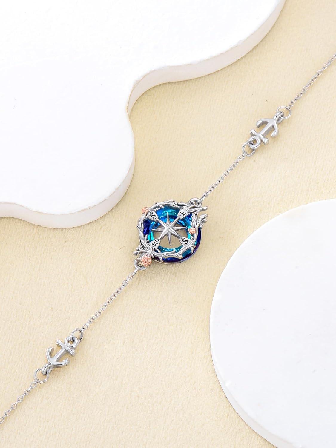 wholesale 925 Sterling Silver Blue Crystal Compass Rose Birthstone Bracelet with Black Cats and Hearts Gifts for Women & Moms-0-4