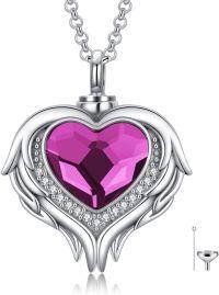 wholesale  Sterling Silver Stone Angel Wing Heart Cremation Urn Necklace for Ashes -Silver with Purple Heart