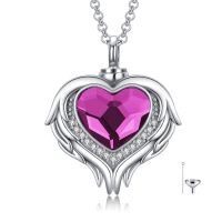 wholesale 925 Sterling Silver Red Crystal Angel Wings Heart Keepsake Pendant Necklace with Funnel and Fill Tool-Silver with Purple Heart