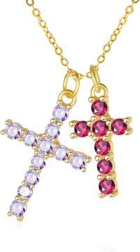 wholesale 14K Gold Sterling Silver Birthstone Double Cross Necklace for Women-06-07-Jun-Jul