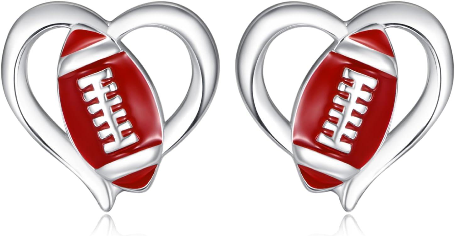  Sterling Silver Heart Stud Sports Game Earrings Jewelry Gifts for Women -Football