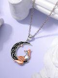 wholesale 925 Sterling Silver Fox in the Moonlight Pendant Necklace with Rose Gold Accents and Black Enamel Details-0-2