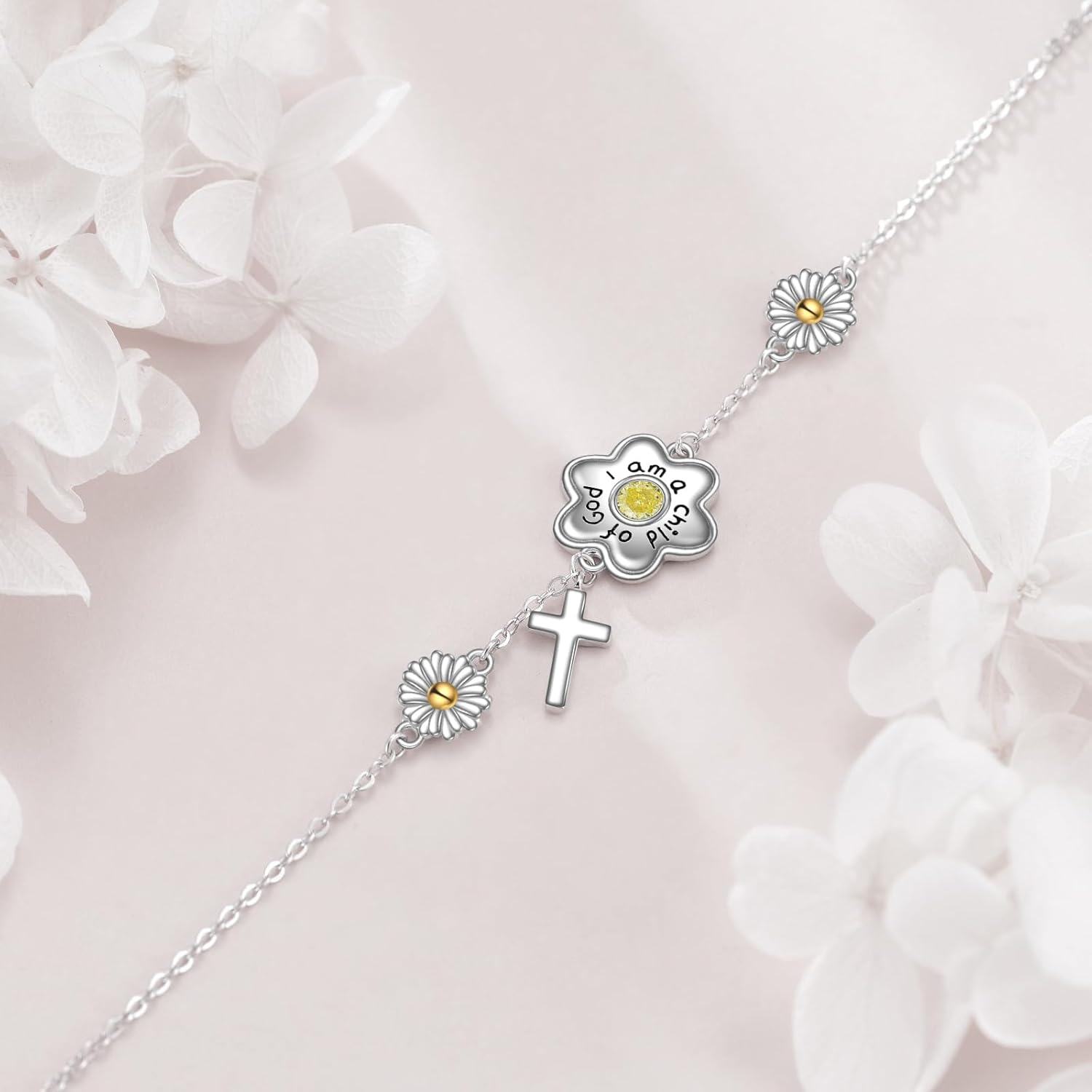 wholesale 925 Sterling Silver Daisy Cross Charm Adjustable Link Chain Bracelet-0-5