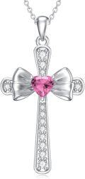 wholesale 925 Sterling Silver Pink Tourmaline Cross Necklace with Bow & Birthstone – Adjustable Chain, Hypoallergenic, October Birthstone Gift for Women-0-0