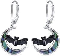 wholesale 925 Sterling Silver Black Bat Moon Drop Dangle Hoop Earrings - Halloween & Christmas Gift Ideas-Bat E