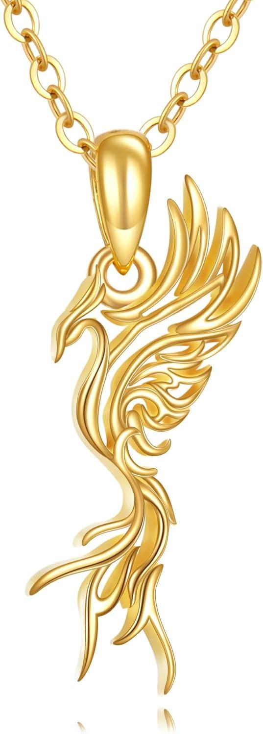 14K Yellow Gold Phoenix Pendant Necklace with Stone for Women Jewelry Gifts-0-0
