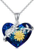 wholesale 925 Sterling Silver Heart-Shaped Pendant with Blue Crystal and Gold Daisy Flower Charm Necklace-0-0