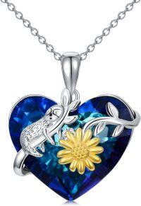 wholesale 925 Sterling Silver Heart-Shaped Pendant with Blue Crystal and Gold Daisy Flower Charm Necklace-Sloth Crystal