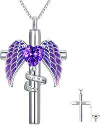 wholesale Sterling Silver Birthstone Angel Wing Cross Rose Heart Cremation Urn Necklace for Women with Funnel Kit ( chars)-Cross Non-personalized 02-Feb-Amethyst-Cross Personalized 02-Feb-Amethyst