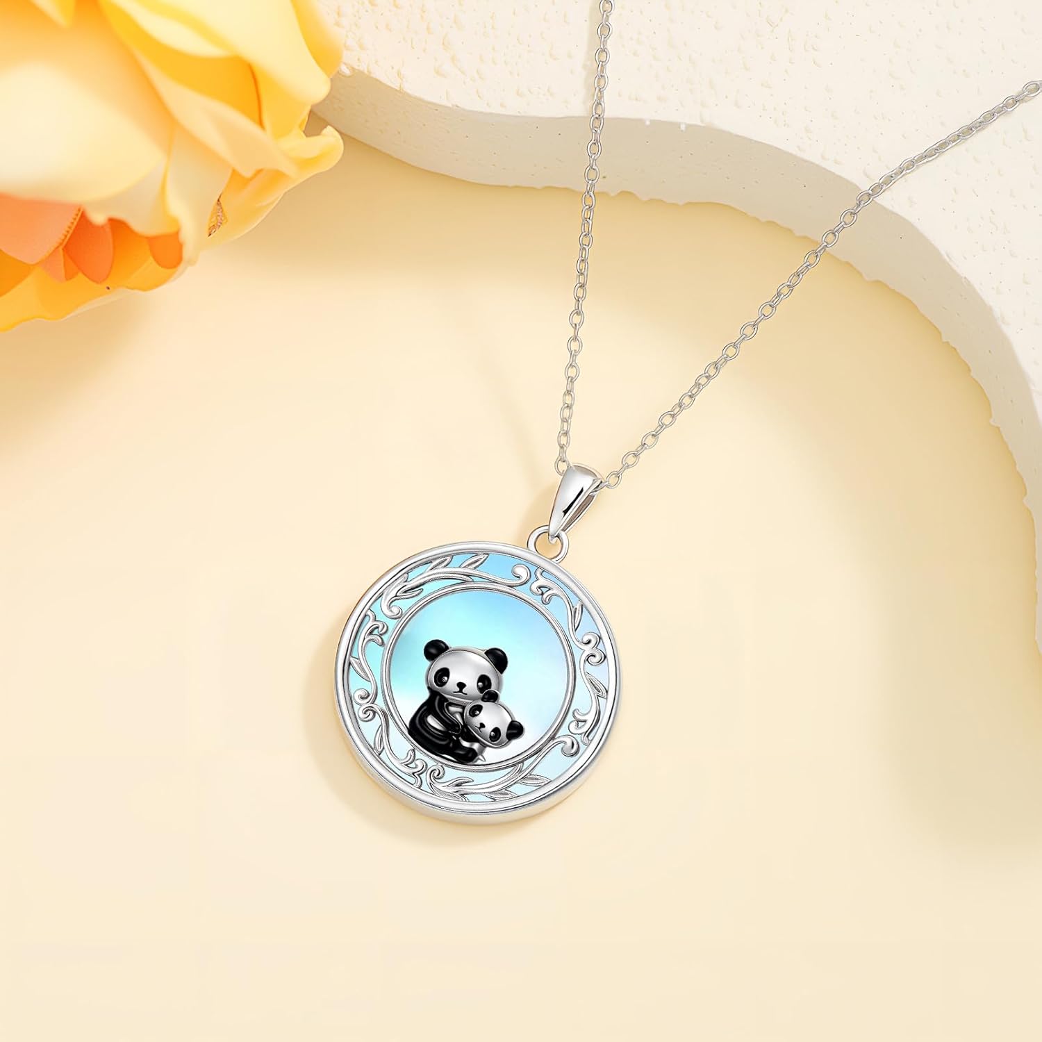 wholesale 925 Sterling Silver Round Moonstone Mother and Baby Panda Pendant Necklace-0-3