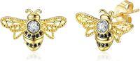 wholesale 925 Sterling Silver Gold Plated Honeybee Stud Earrings with Black Cubic Zirconia and Clear CZ Center Stone for Women Girls  6mm Diameter-Bee