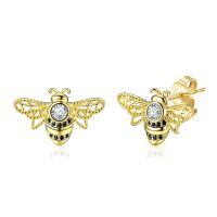 wholesale S925 Sterling Silver Gold Plated Honey Bee Cubic Zirconia Stud Earrings-Bee