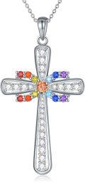 wholesale 925 Sterling Silver Rainbow CZ Cross Pendant Necklace with Chain - Christian  for Her Him-0-0