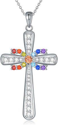 wholesale 925 Sterling Silver Rainbow CZ Cross Pendant Necklace with Chain - Christian  for Her Him-Cross_Chakra