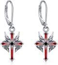 wholesale 925 Sterling Silver Red Enamel Winged Cross Drop Earrings-0-0