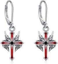 wholesale 925 Sterling Silver Red Enamel Winged Cross Drop Earrings-Red