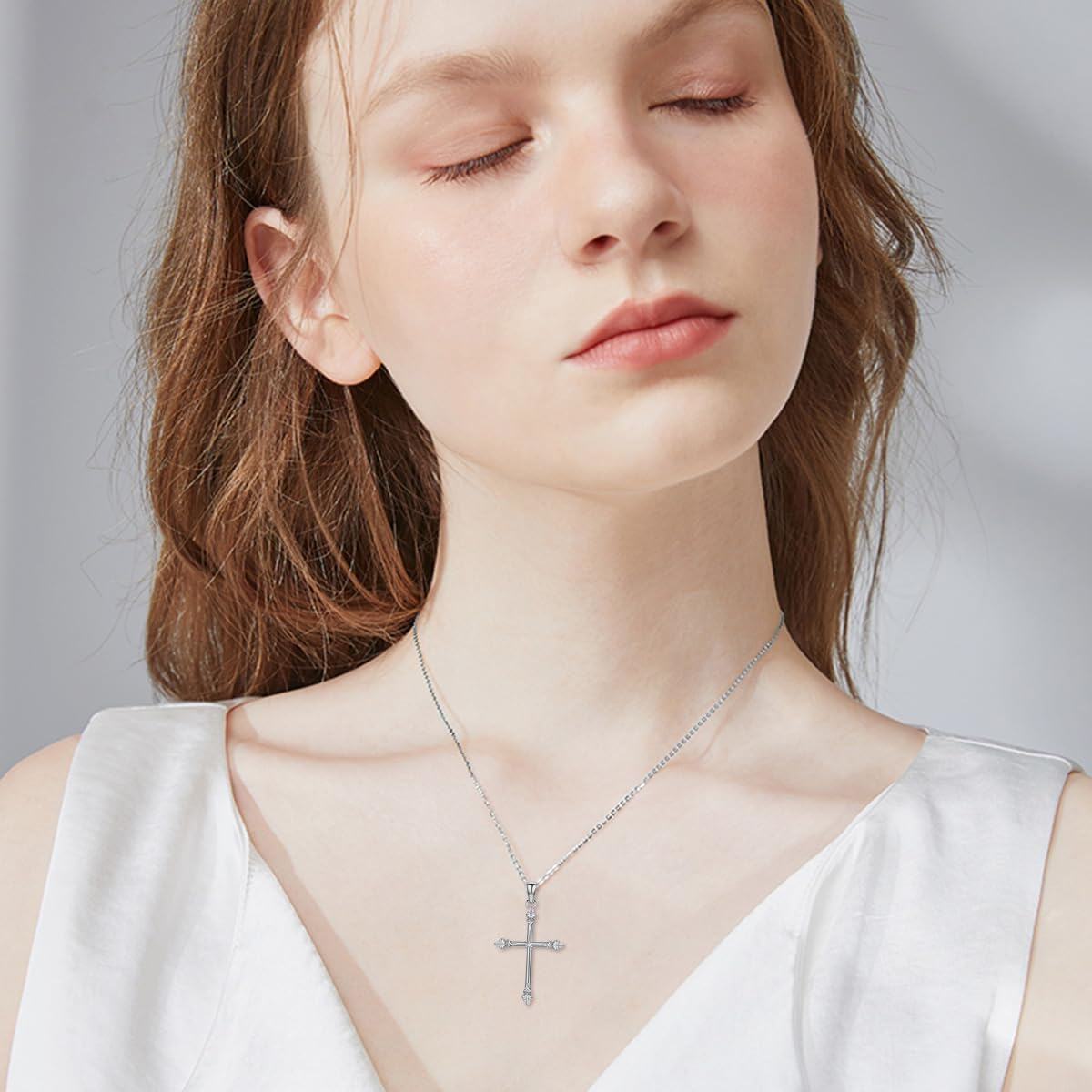 Sterling Silver Lab Grown Diamond Cross Necklace for Women-0-2