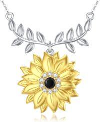 wholesale 925 Sterling Silver Plated Gold Sunflower Necklace with Black Cubic Zirconia Center and Leaf Design - Elegant Gift for Women-Sunflower