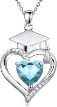 wholesale  Sterling Silver Heart Birthstone Necklace High School College Graduation Jewelry for Her -Non-Personalized 03-Mar-Aquamarine