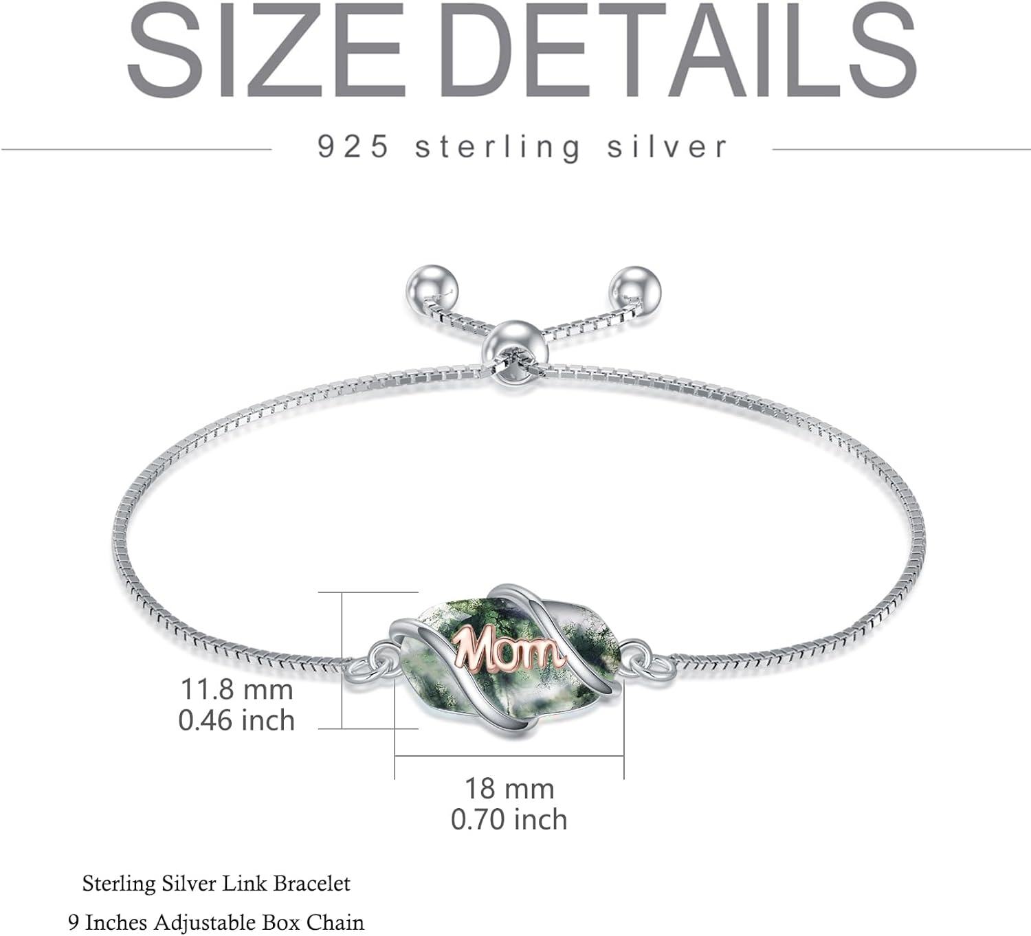 925 Sterling Silver Green Moss Agate Mom Charm Adjustable Bolo Bracelet for Women-0-4