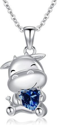 wholesale Sterling Silver 12 Month Birthstones Animals Necklace for Women Daughter (Axolotl Cow Pig Cat) Birthday Christmas Graduation Gift-02-09-Cow-Sept.-02-09-Cow-Sept.
