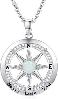 wholesale 925 Sterling Silver Opal Compass Pendant Necklace with Cubic Zirconia and Inspirational Message Never Lose Your Way - Graduation Gift for Her Him-Opal