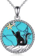 wholesale 925 Sterling Silver Turquoise Stone Star Black Cat Pendant Necklace Gift for Women-0-0