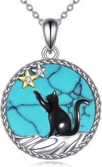 wholesale 925 Sterling Silver Turquoise Stone Star Black Cat Pendant Necklace Gift for Women-Cat Turquoise