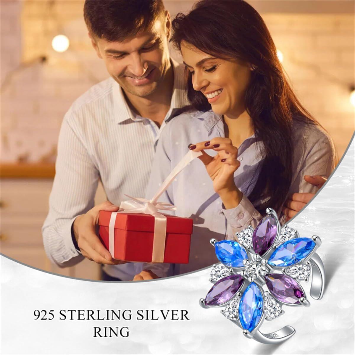 Sterling Silver Colored Gemstone Flower Ring for Women-0-5