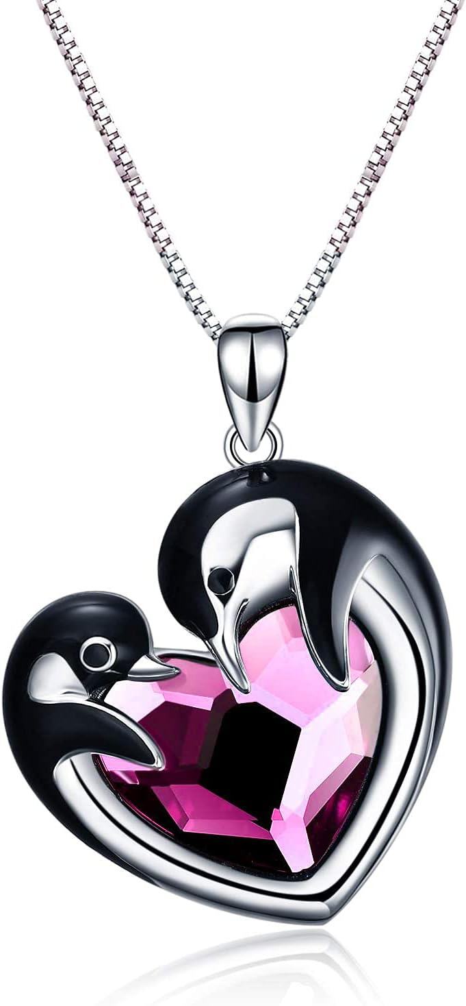 Sterling Silver Gemstone Phoenix Penguin Wolf Fox Highland Cow Hummingbird Frog Sea Turtle Necklace for Women-1-Purple crystal