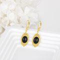 wholesale 925 Sterling Silver Black Oval Stone Drop Earrings with Gold Plated Frame and Beads-0-13