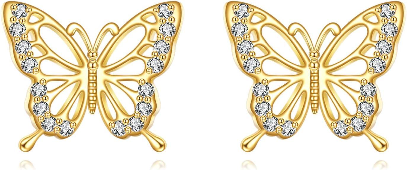  14K Yellow Gold Animal Stud Earrings with Cute Insect Design for Women -0-0