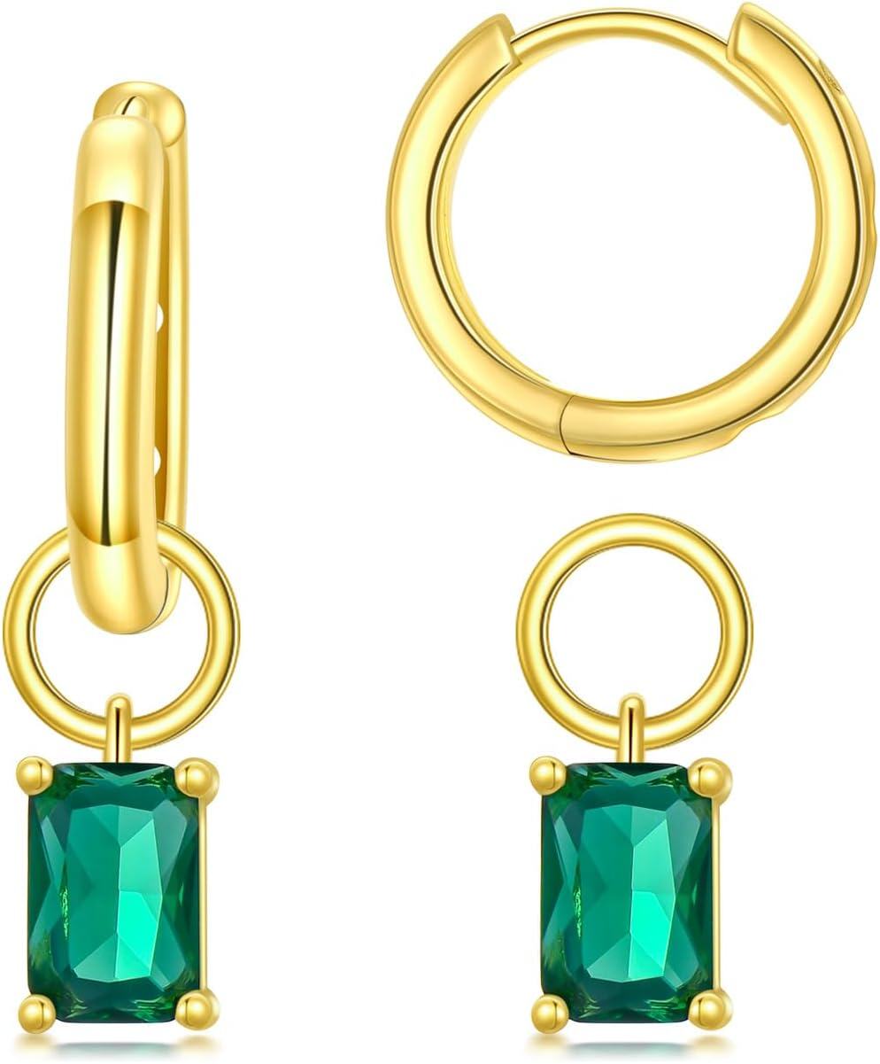  Gold Cubic Zirconia Huggie Hoop Earrings with Dangle Charms for Sensitive Ears -Emerald