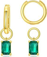 wholesale  Gold Cubic Zirconia Huggie Hoop Earrings with Dangle Charms for Sensitive Ears -Emerald