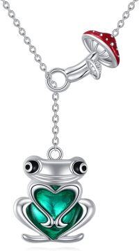 wholesale 925 Sterling Silver Green Heart Frog Pendant with Red Mushroom Charm Necklace for Women-Frog Necklace