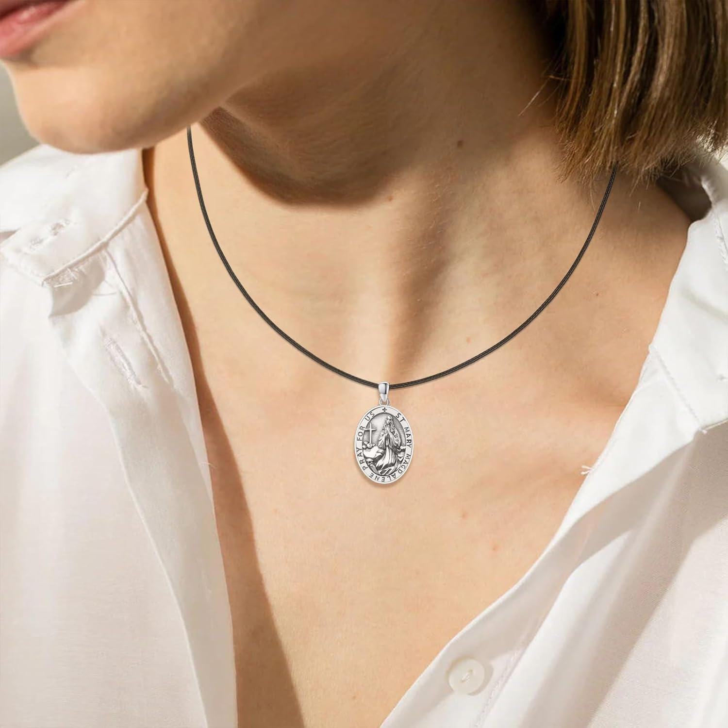 wholesale 925 Sterling Silver St Mary Magdalene Medal Necklace Pendant with Cross and Stone Charm-0-4