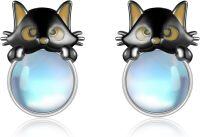 wholesale 925 Sterling Silver Moonstone Cat Stud Earrings - Valentine's Day Gift for Her-Black Cat Moonstone