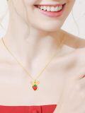wholesale 925 Sterling Silver Metal Red Strawberry with Gold Tone Bow Pendant Necklace for Women - Summer Fruit -0-3