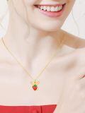 wholesale 925 Sterling Silver Metal Red Strawberry with Gold Tone Bow Pendant Necklace for Women - Summer Fruit -0-3
