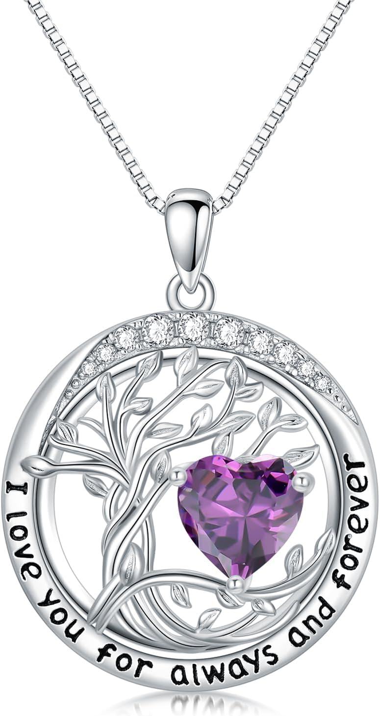 White Gold Sterling Silver Austrian Crystal Tree of Life Birthstone Necklace-02-Feb-Amethyst