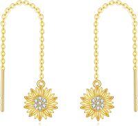 wholesale 14K Gold Sunflower Dangle Earrings with Gift Box, 10.7mm Sunflower Design, 55mm Chain, Adjustable for Daily Wear, Symbolic You Are My Sunshine Gift for Women-A-14K Gold Sunflower Threader Earrings