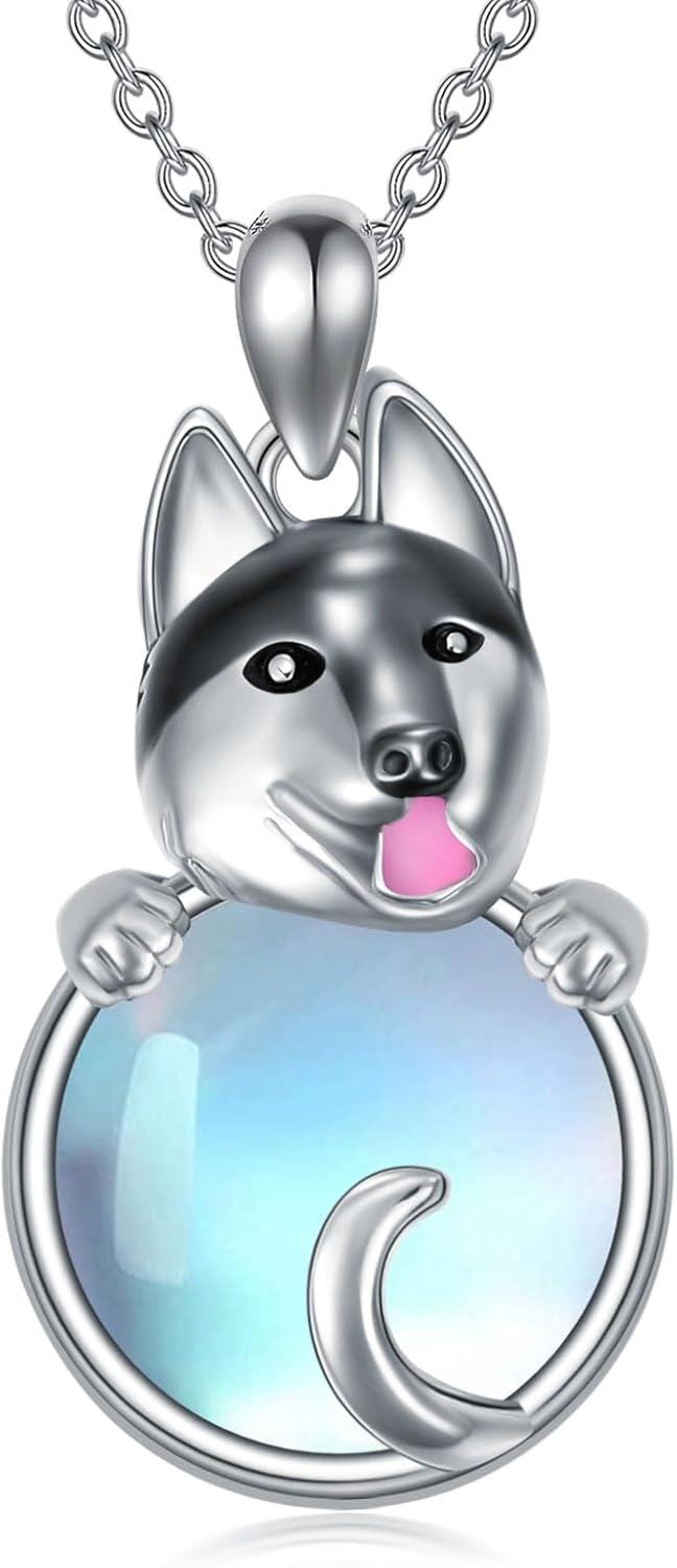 Sterling Silver Moonstone Dog Necklace for Women Memorial Jewelry Gift-Husky