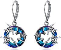 wholesale 925 Sterling Silver Turtle Moon Blue Crystal Leverback Earrings Sea Life s for Women Girls-Sea Turtle