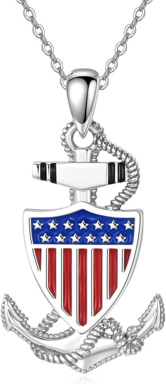  Metal Stone Anchor Necklace American Flag Nautical Pendant Jewelry Gift for Women Girls -0-0
