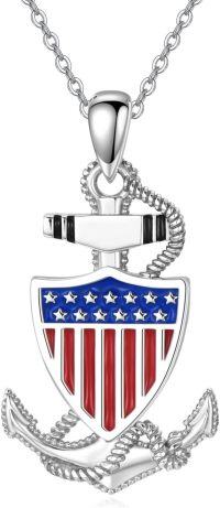 wholesale 925 Sterling Silver Metal Stone Anchor Necklace with American Flag Design - Nautical Pendant  for Women and Girls-Silver