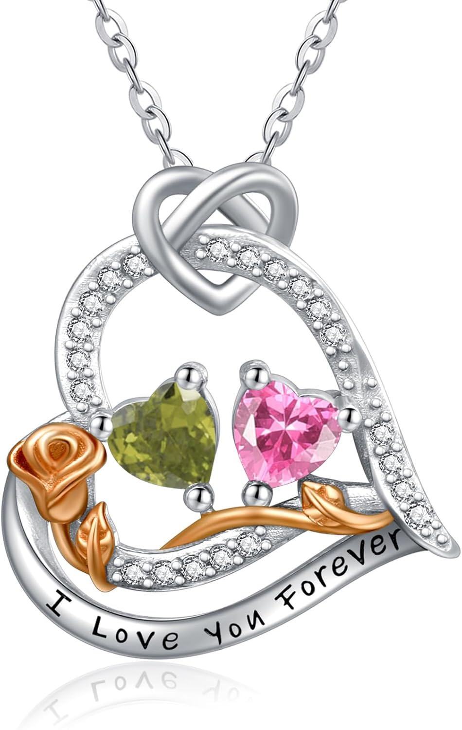  Sterling Silver 2 Birthstones Rose Heart Necklace for Women -08-10-Aug-Oct