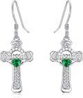 wholesale 925 Sterling Silver Heart-Shaped Emerald Green Stone Claddagh Cross Drop Earrings-0-0